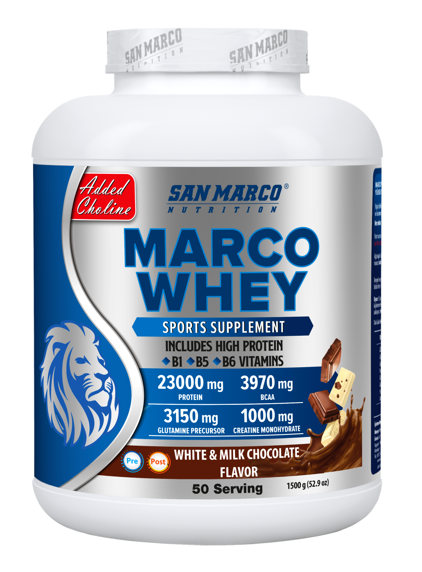 Sanmarco Marco Whey Protein Tozu Beyaz ve Sütlü Çikolata Aromalı 1500 Gr